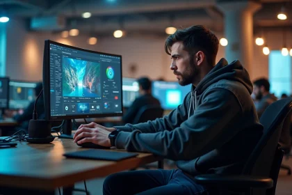 Développeur de jeux vidéo analysant des interfaces de console Xbox et PlayStation sur plusieurs écrans dans un bureau technologique moderne