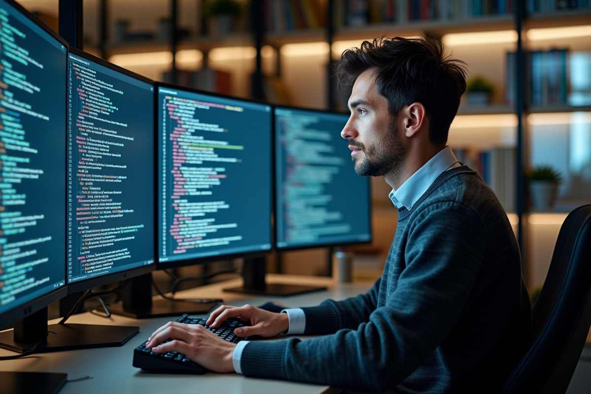 Développeur logiciel concentré devant ses écrans code