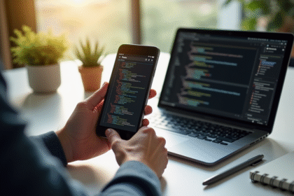 Mains d'un développeur web tenant un smartphone et une tablette affichant un site