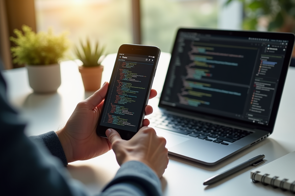 Mains d'un développeur web tenant un smartphone et une tablette affichant un site