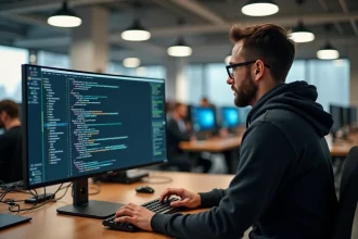 Développeur Python mettant à jour des packages via pip install dans un terminal sur un écran ultrawide en open space moderne