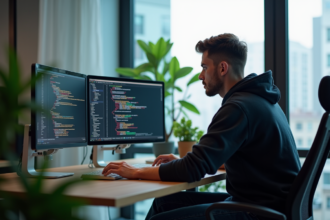 Jeune homme développeur React au bureau moderne