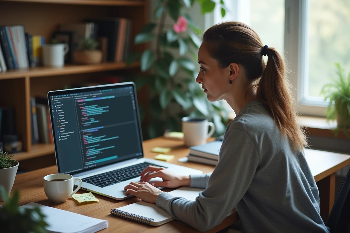 Développeuse travaillant depuis chez elle sur la mise à jour d'un environnement Python avec pip dans un terminal sombre