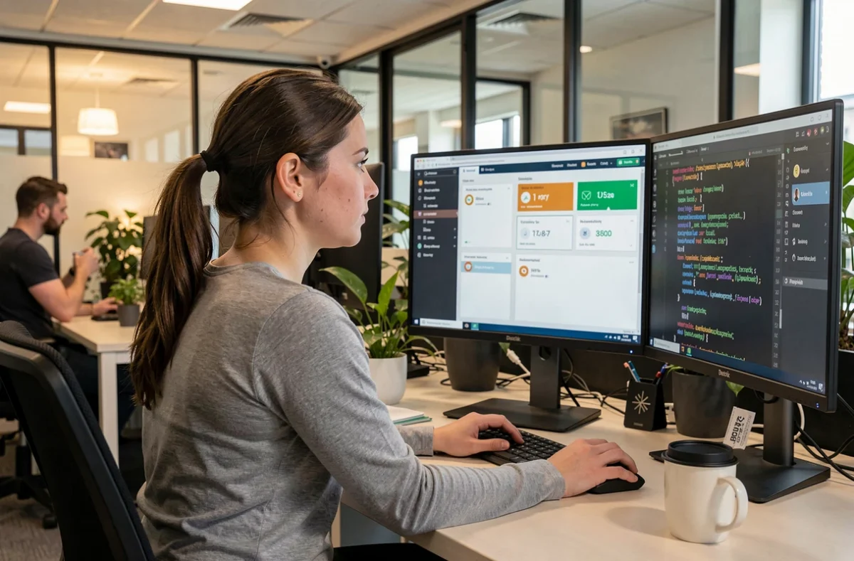 Ingénieure DevOps surveillant des alertes de maintenance sur un tableau de bord de production en open space