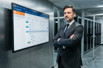 Directeur informatique évaluant la sécurité d'un intranet d'entreprise sur un écran de tableau de bord DSI