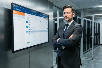 Directeur informatique évaluant la sécurité d'un intranet d'entreprise sur un écran de tableau de bord DSI