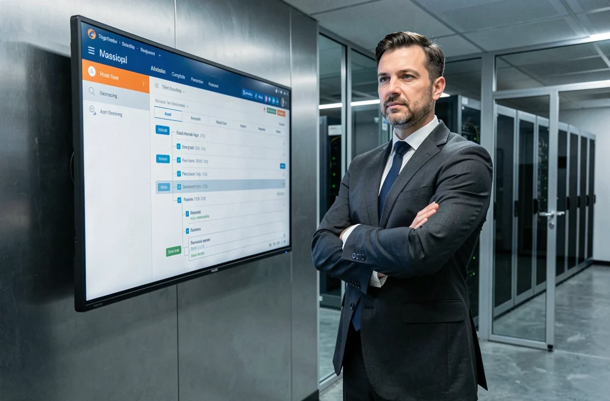 Directeur informatique évaluant la sécurité d'un intranet d'entreprise sur un écran de tableau de bord DSI
