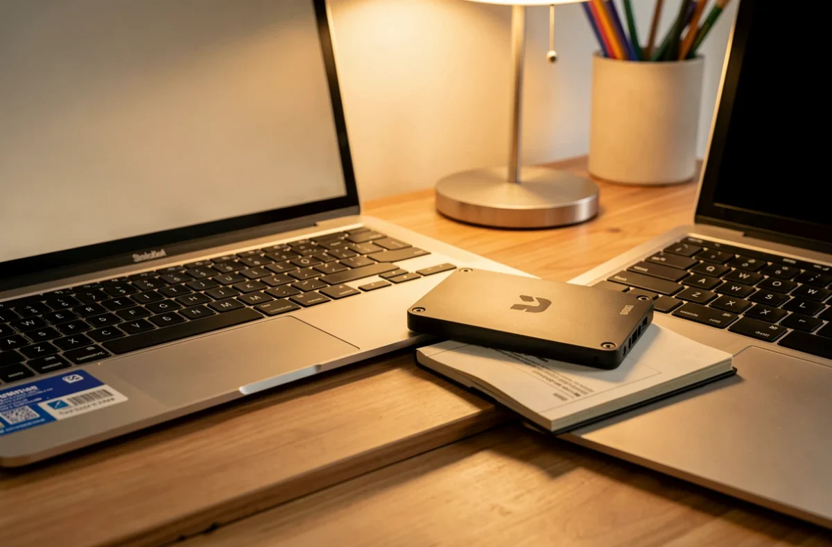 Disque dur externe posé près du clavier d'un ordinateur portable