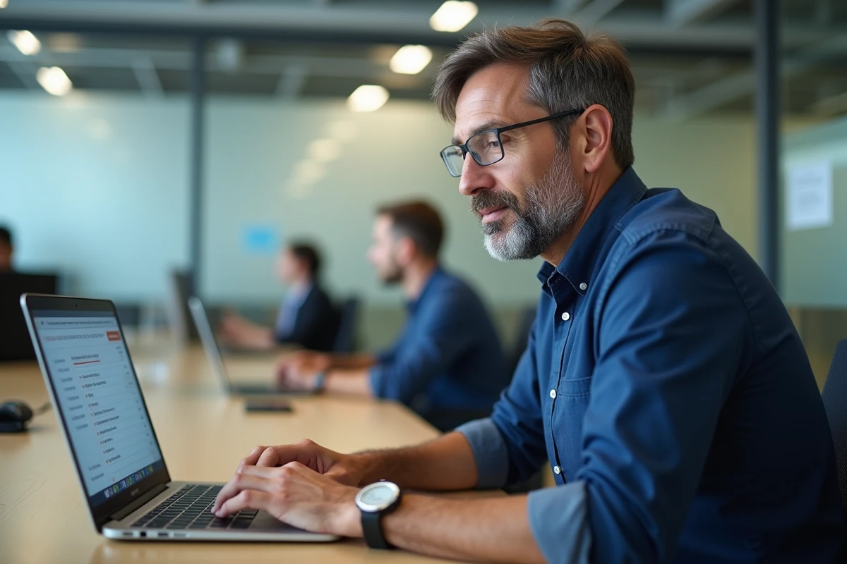 Employé universitaire configurant des filtres et règles de messagerie webmail dans un espace de travail académique partagé
