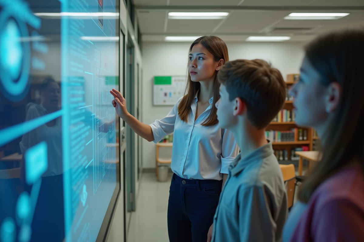Professeure guidant des élèves autour d