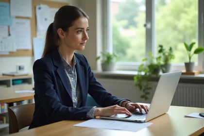 Jeune enseignante concentrée sur son ordinateur dans un bureau moderne