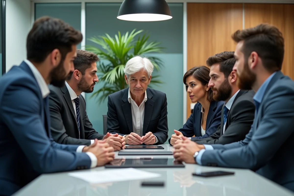 Groupe de professionnels en réunion autour d'une tablette avec logo Puixudosvisdacize