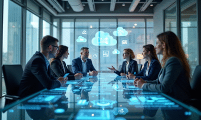 Équipe d'affaires moderne avec hologrammes et nuages
