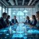 Équipe d'affaires moderne avec hologrammes et nuages