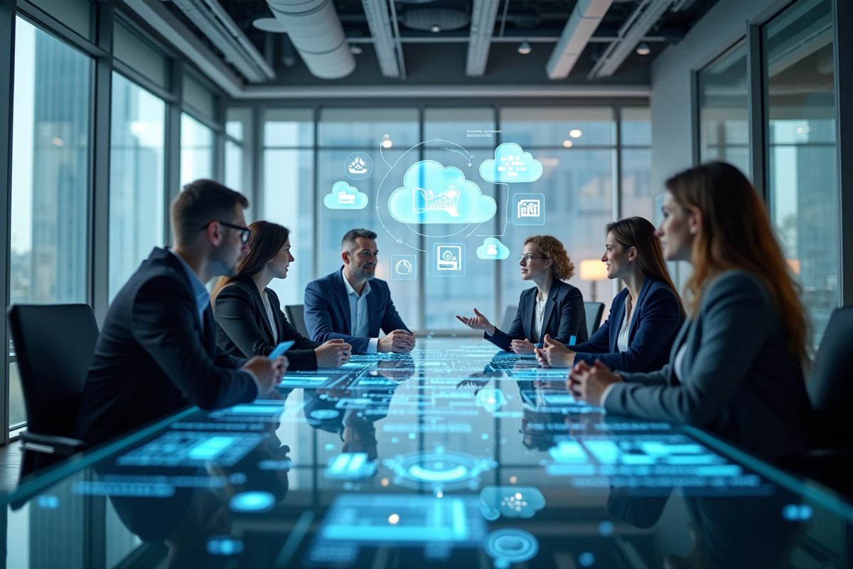 Équipe d'affaires moderne avec hologrammes et nuages
