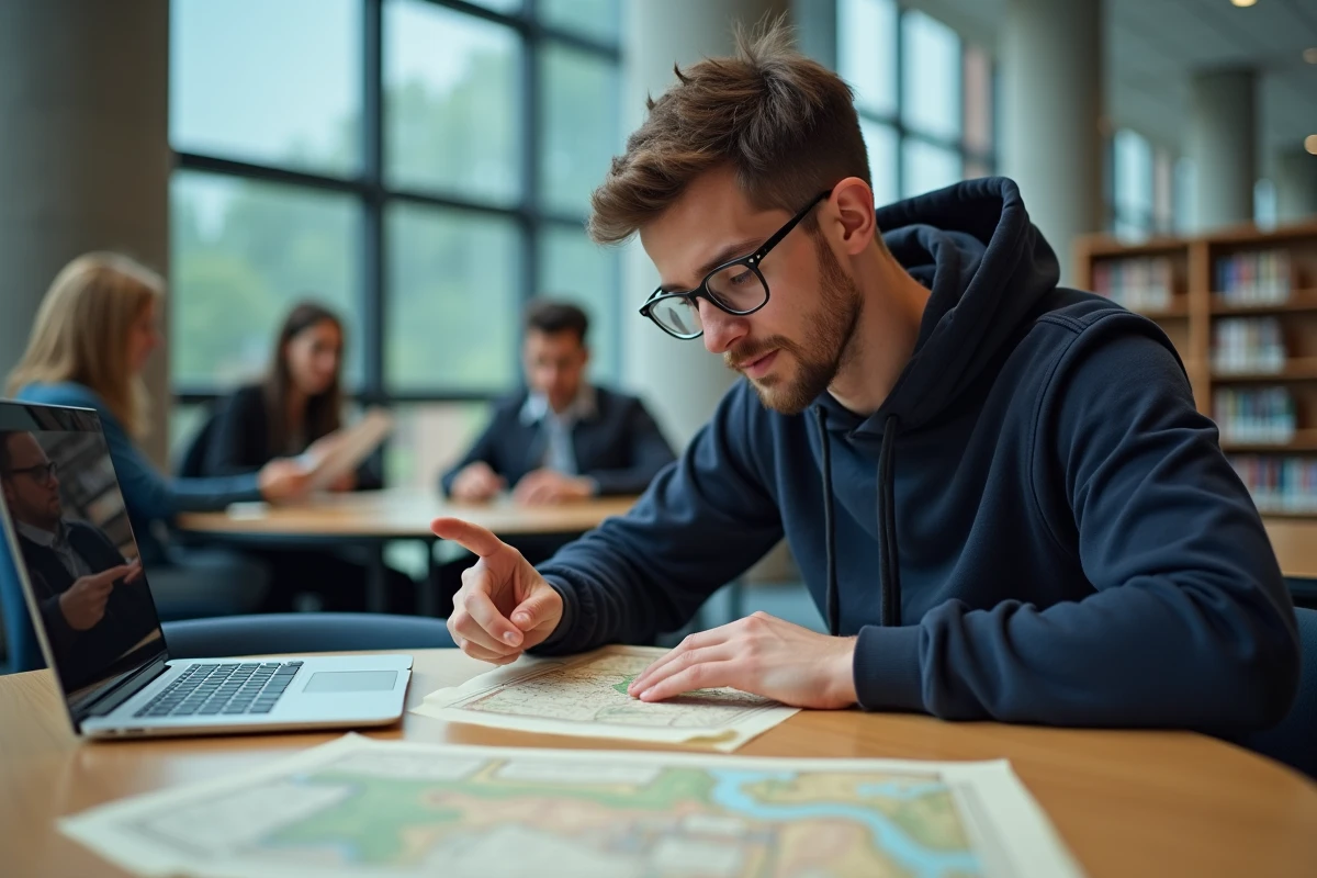 Étudiant analysant une carte historique avec Google Lens sur PC dans une bibliothèque universitaire moderne