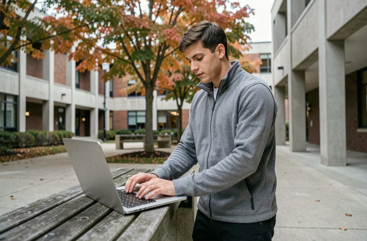 Étudiant masculin utilisant le webmail de l'INSA Rouen sur un ordinateur portable en extérieur dans la cour du campus