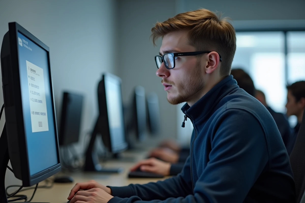 Étudiant masculin en salle informatique universitaire réinitialisant son mot de passe de messagerie Zimbra Unicaen