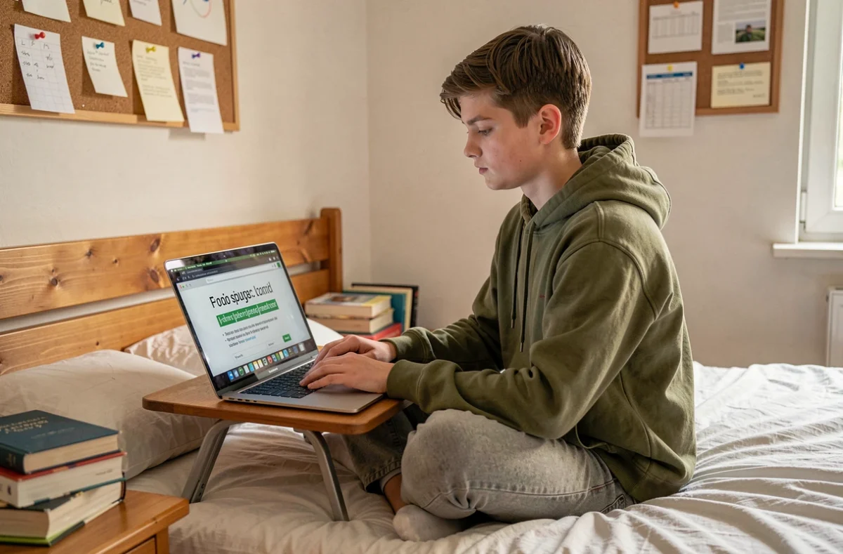 Étudiant adolescent s'entraînant à un test de rapidité de frappe en français sur un ordinateur portable dans sa chambre