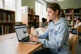 Étudiante de l'INSA Rouen consultant son webmail universitaire sur un ordinateur portable dans une bibliothèque moderne