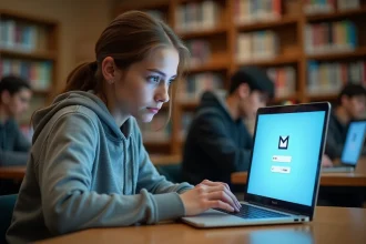 Étudiante universitaire devant son ordinateur portable essayant de récupérer un mot de passe oublié sur sa messagerie Zimbra