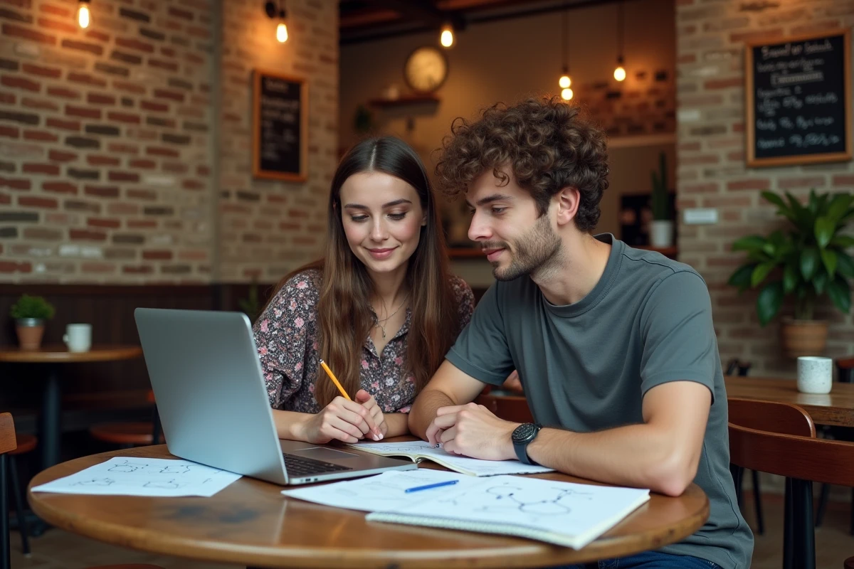 Deux étudiants révisant ensemble la chimie avec Google Lens sur ordinateur dans un café
