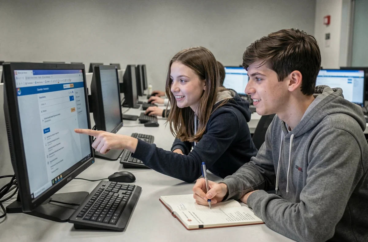 Deux étudiants de première année à l'INSA Rouen apprenant à utiliser le webmail universitaire dans une salle informatique