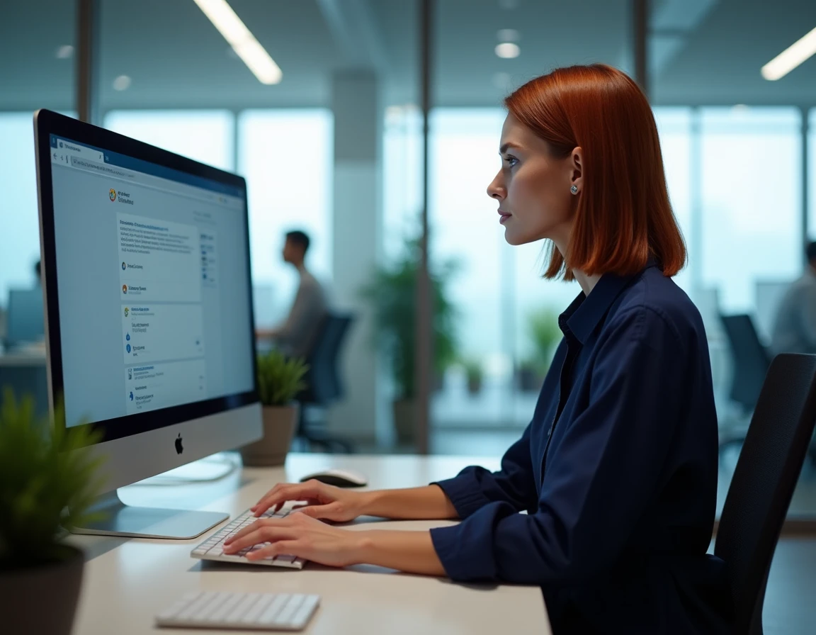 Femme accédant aux mots de passe sauvegardés dans les paramètres de Google Chrome sur un ordinateur de bureau en open space