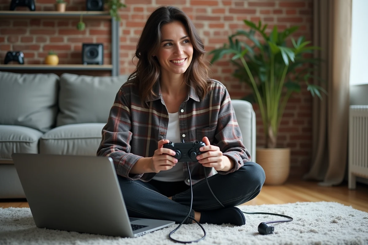 Femme connectant un adaptateur à une manette de jeu dans un salon urbain