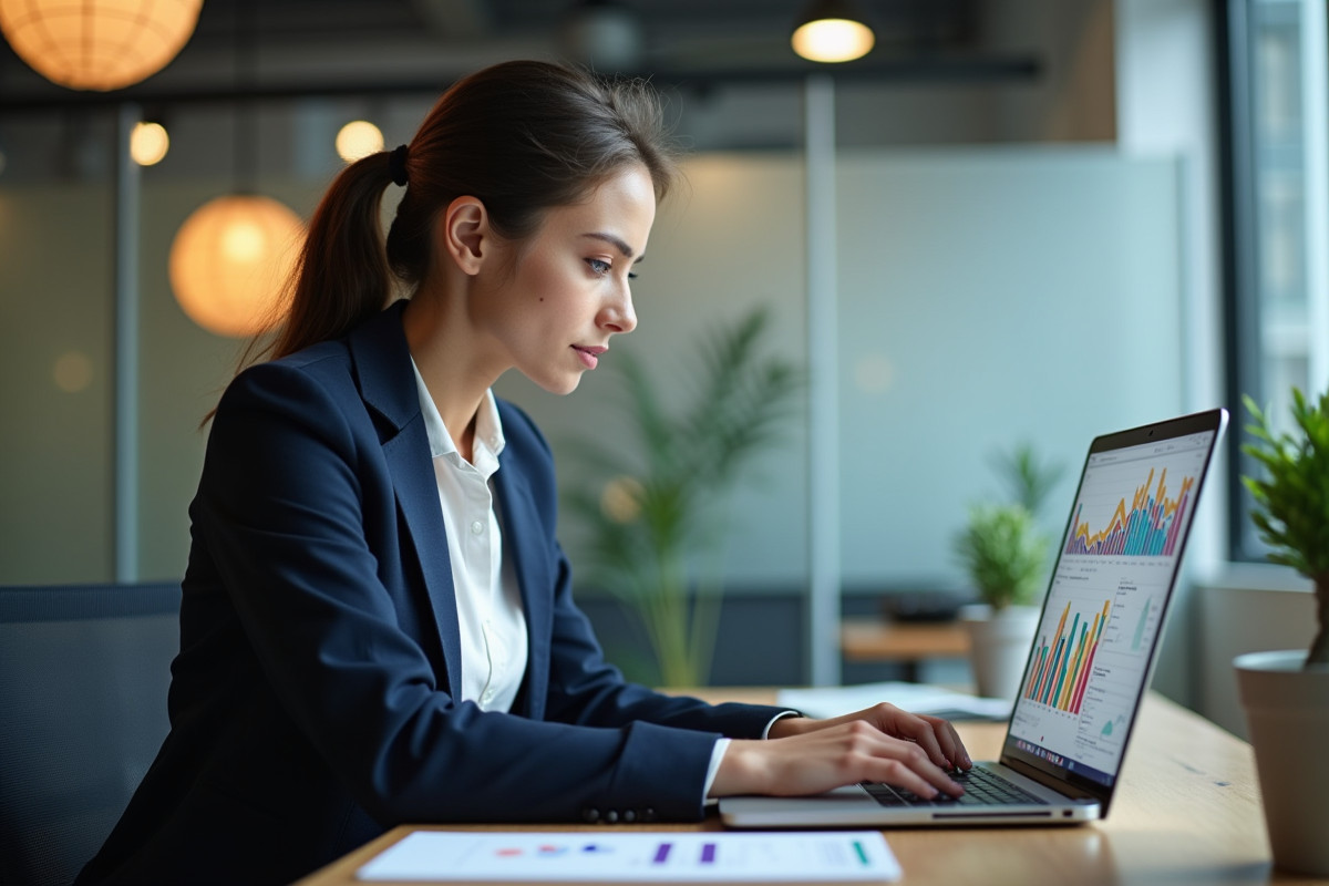 Jeune femme d'affaires analysant un graphique coloré