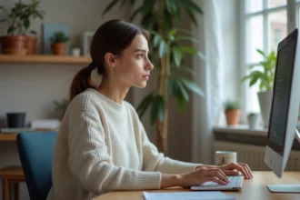 Femme concentrée configurant son ordinateur pour une connexion Melanie2web