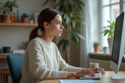 Femme concentrée configurant son ordinateur pour une connexion Melanie2web