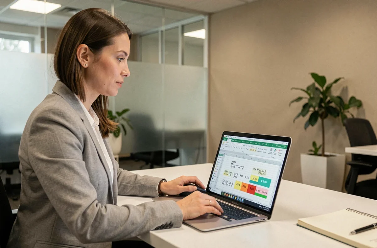 Femme professionnelle utilisant Excel sur un ordinateur portable pour calculer des augmentations en pourcentage dans un bureau moderne