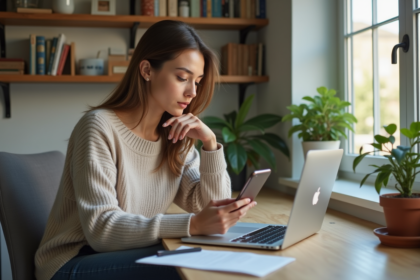 Femme en bureau moderne regardant son laptop