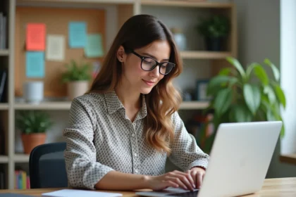 Jeune femme au bureau moderne utilisant un ordinateur portable