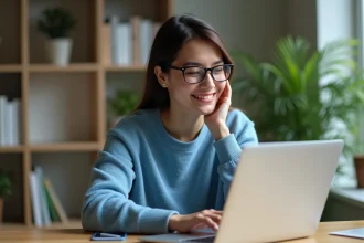 Femme souriante dans son bureau à domicile avec ordinateur