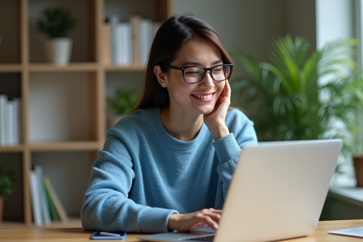Femme souriante dans son bureau à domicile avec ordinateur