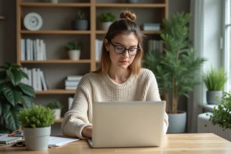 Femme en bureau moderne travaillant sur son ordinateur