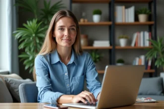 Femme en bureau à domicile travaillant sur son ordinateur