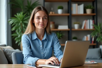 Femme en bureau à domicile travaillant sur son ordinateur