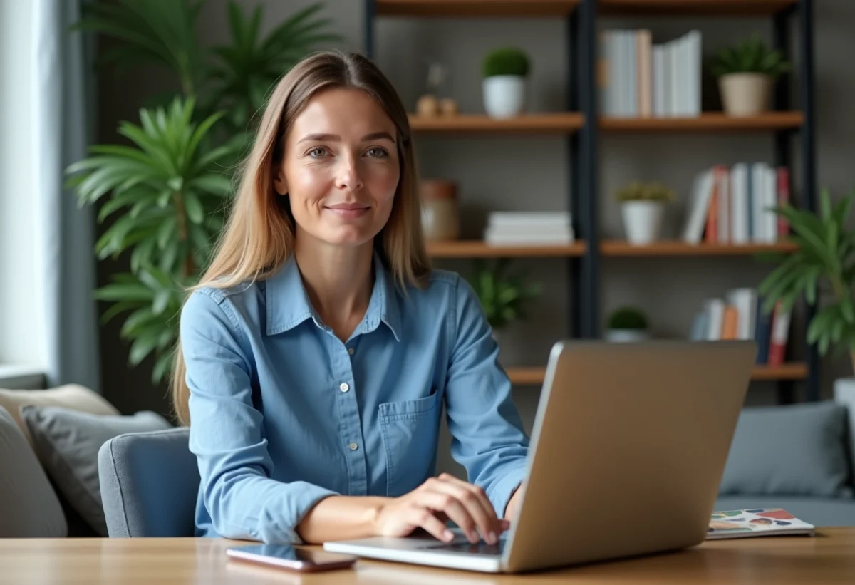 Femme en bureau à domicile travaillant sur son ordinateur