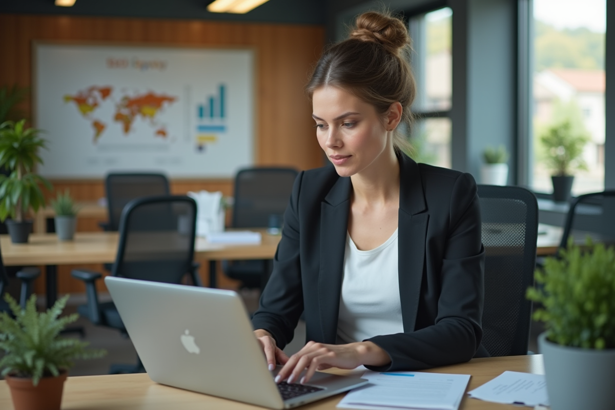 Femme en blazer travaillant sur un ordinateur en bureau moderne