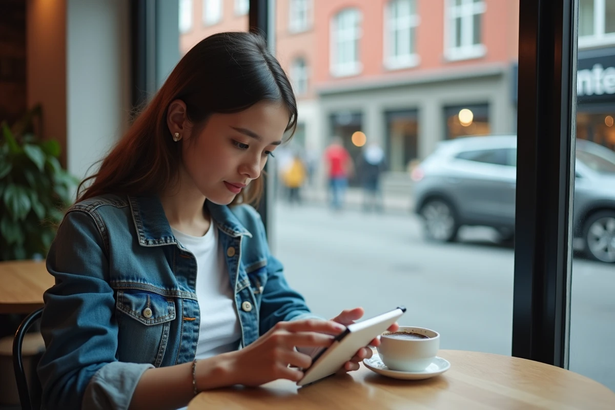 Femme jouant sur une console cloud gaming portable Sony dans un café urbain