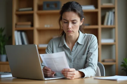 Femme consultant un document PDF imprimé tout en tapant sur son ordinateur portable dans un bureau à domicile moderne