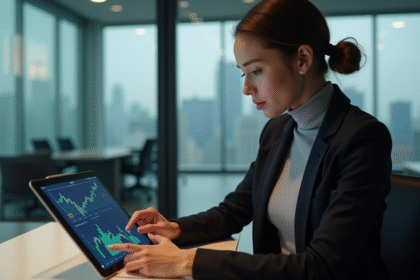 Jeune femme en bureau examine graphique crypto