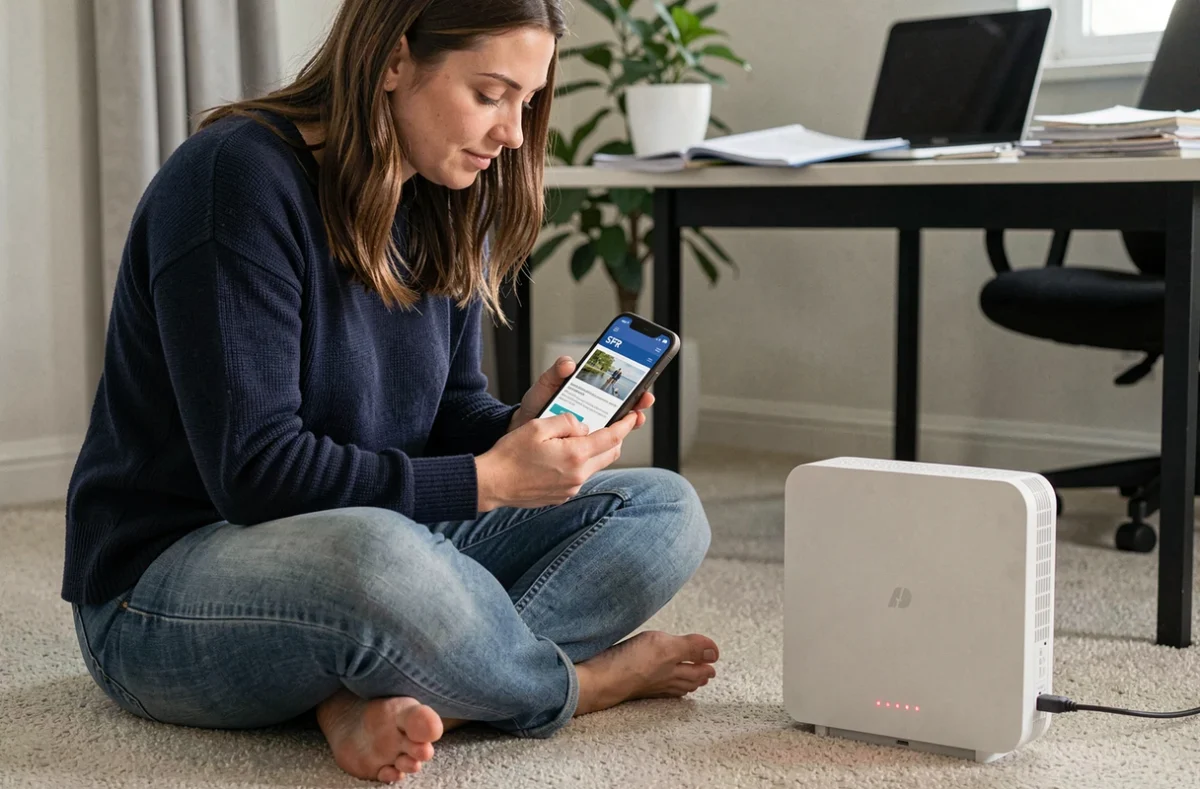 Femme assise sur un tapis consultant son téléphone face à une box SFR avec voyants rouges dans un bureau à domicile