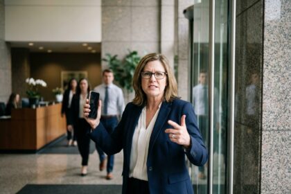 Femme d'affaires en posture défensive avec téléphone