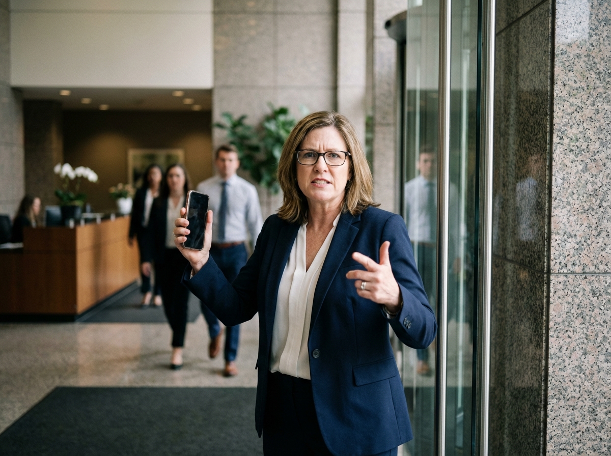 Femme d'affaires en posture défensive avec téléphone