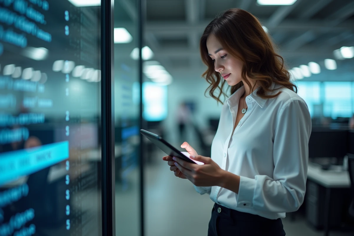 Femme d affaires vérifiant une adresse IP sur une tablette