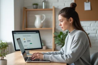 Femme utilisant Swisstransfer sur un ordinateur portable dans un bureau à domicile pour envoyer des fichiers rapidement